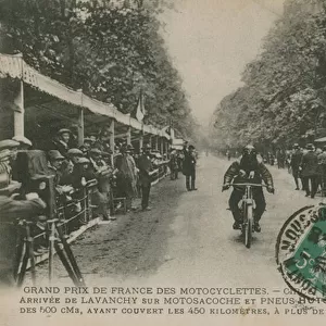 French motorcycle Grand Prix, Fontainebleau, 22 June 1913. Lavanchy winning the 500 cc category on a Motosacoche with Hutchinson tyres, completing the 450 kilometre course at over 75 kilometres per hour. Postcard sent in 1913
