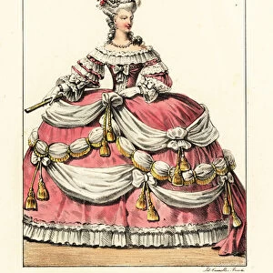 French noble woman in formal dress at the court of King Louis XV 1825 (lithograph)