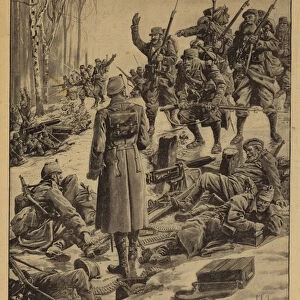 French soldiers capturing a German position manned by enemy soldiers secured to their machine guns by their officers to prevent them from retreating, World War I, 1915 (litho)