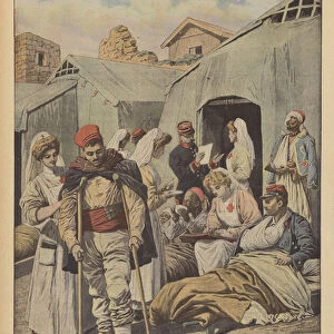 French women nursing wounded soldiers in Morocco (colour litho)