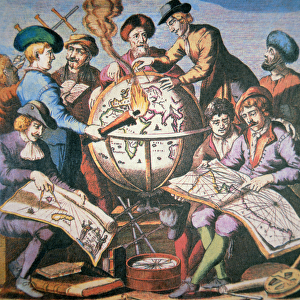Frontispiece of Dutch Chart Atlas showing a group of cartographers and instruments, c