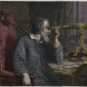 Galileo Galilei and his Telescope, 1864 (engraving )