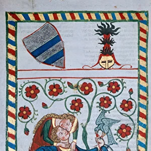 Gallant scene in the Middle Ages. Illumination of the songwriter Manesse, 1300