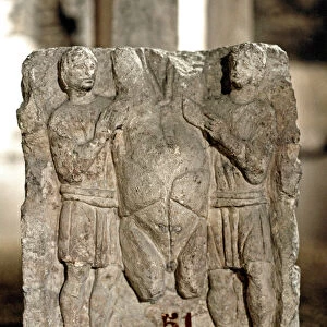 Galloromain art (Gallo-Roman or Roman gallo): two butchers cut a carcass of beef