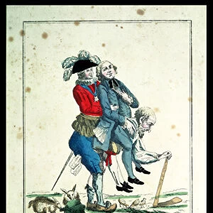The Game Must End Soon, a Peasant Carrying a Clergyman and a Nobleman, 1789 (coloured engraving)
