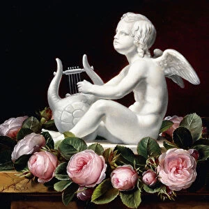 Garland of Pink Roses around Cupid playing a Lyre on a marble ledge, 1841 (oil on panel)