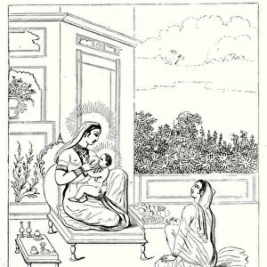 Gautama Buddha and his maternal aunt Mahapajapati Gotami, who raised him after his birth mother died (engraving)