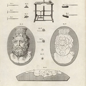 Gem and cameo engraving tools and equipment. Copperplate engraving by William Blake and Wilson Lowry after a drawing by J. Farey from Abraham Rees Cyclopedia or Universal Dictionary of Arts, Sciences and Literature, Longman, Hurst, Rees