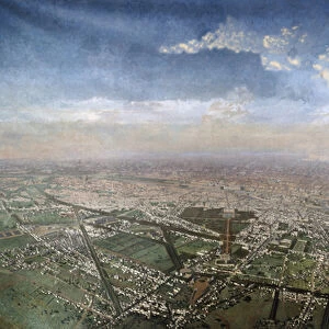 General view of Paris from a hot-air balloon, 1855 (oil on canvas)