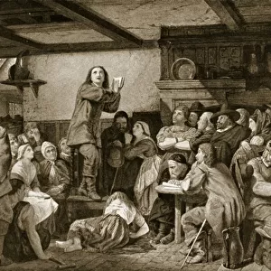 George Fox preaching in a tavern, c. 1650 (litho)