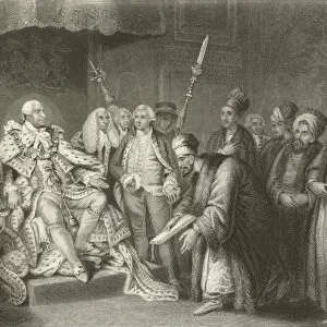 George III receiving the Turkish ambassador and suite (engraving)