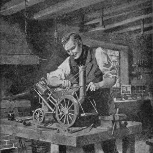 George Stephenson working at a model of his Rocket, the engine which made the railway possible (litho)