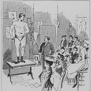 German bodybuilder Eugen Sandow being used as the subject of a lecture on anatomy for female students at Mrs Joplings School of Art, London, 1891 (engraving)