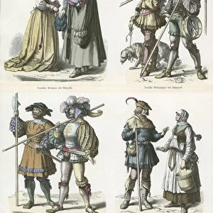 German costumes, early 16th Century (coloured engraving)