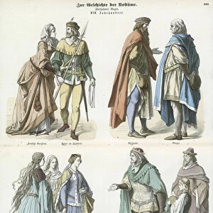German and English costumes, 14th Century (coloured engraving)