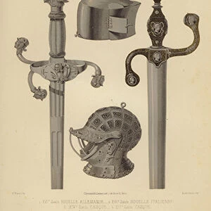 German and Italian swords, 16th Century, and helmets, 14th and 16th Century (chromolitho)