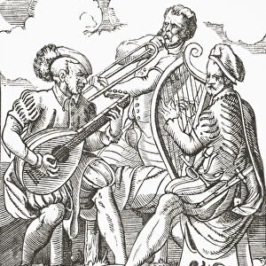 German musicians playing the lute and the guitar, 1878 (litho)