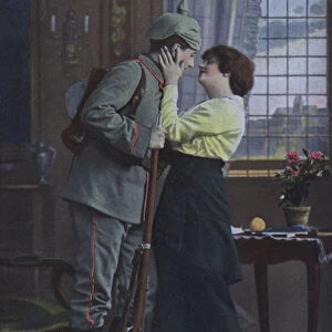 German soldier saying farewell to his wife before going off to war (coloured photo)