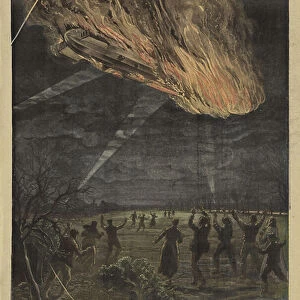 German Zeppelin LZ77 shot down over Brabant-le-Roi, France, during the Battle of Verdun, World War I, 1916 (colour litho)