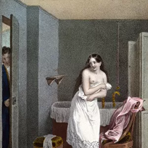 Girl in a Bathroom and Man opening the Door, 1825 (colour litho)