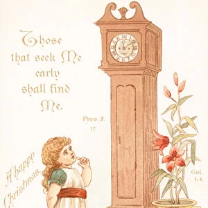 Girl looking at Grandfather Clock, Christmas Card (chromolitho)