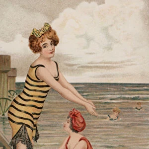 Girl about to plunge into the sea (colour litho)