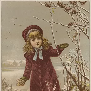 Girl taking bread to feed birds in the snow (chromolitho)