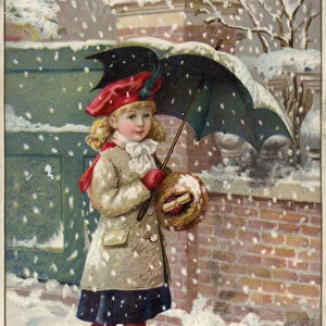 Girl with umbrella in a snow shower (chromolitho)