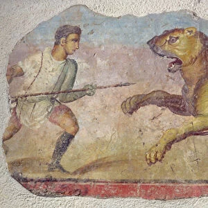 A Gladiator Fighting a Lion, from the Merida Amphitheatre (fresco)