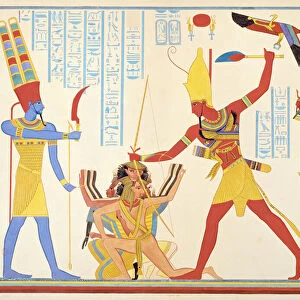 The God Amun offers a sickle weapon to the pharaoh Ramesses III as he strikes two