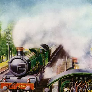 Goods train passing an express train hauled by Butleigh Court, a Saint class steam locomotive on the Great Western Railway between Reading and Didcot (colour litho)