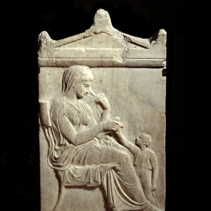 Greek art: burial stele with relief depicting a woman and her child. 5th century BC