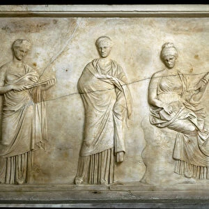 Greek art: representation of three Muses. Low relief carved in marble by Cephisodote