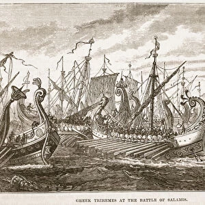 Greek Triremes at the Battle of Salamis (litho)