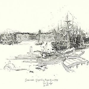 Greenwich Hospital and shipping, in 1749 (litho)