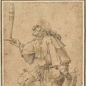 A grotesque man kneeling, holding a tall beer glass at its base, 1529-62 (pen and dark brown ink on paper)
