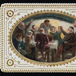 Group of men and women from the 16th Century toasting the festive season, Christmas greetings card (chromolitho)