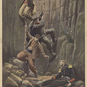A group of navvies discovering a soldier trapped underground for 28 days (colour litho)