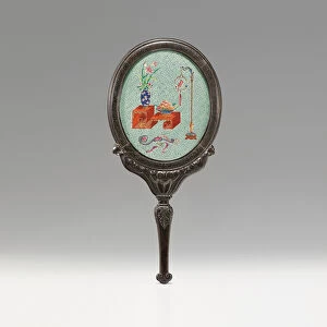 Guangzhou tribute hand mirror, 18th - 19th century (silver wire, zitan & enamel)
