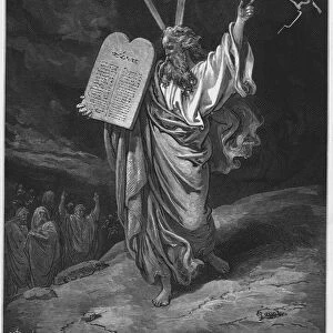 Gustave Dore Bible: Moses coming down from Mount Sinai (engraving)