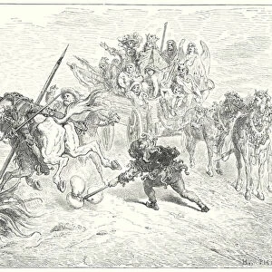 Gustave Dores Don Quixote: "The fool of the play came up frisking with his morrice bells"(engraving)