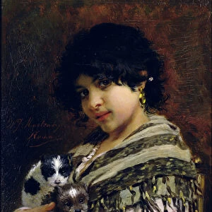 Gypsy Girl with Two Puppies (oil on panel)
