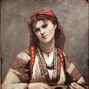 Gypsy has mandolin. Painting by Jean-Baptiste Camille Corot (1796-1875). 1874