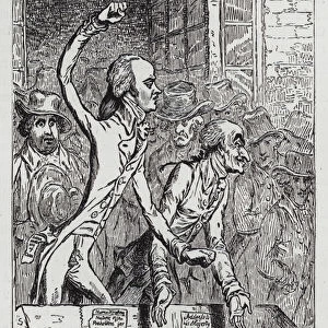 At Hackney Meeting - Fox, Byng and Mainwaring, satire depicting George Byng addressing a crowd outside the Mermaid Tavern, Hackney, at a meeting opposing the passage of the Treason and Sedition Bills in parliament, 1796 (engraving)