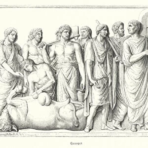 Haruspex studying the entrails of a animal sacrificed in ancient Rome (engraving)