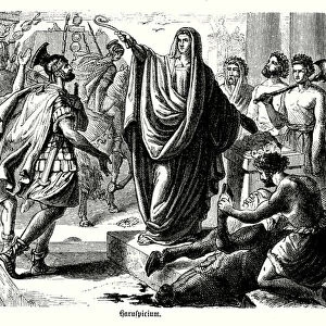 Haruspicy, divination by examining the entrails of sacrificed animals in ancient Rome (engraving)