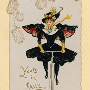Yours In Haste card, with girl on bicycle (chromolitho)
