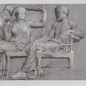 Hera and Zeus, ancient Greek marble relief from the Parthenon Frieze (engraving)