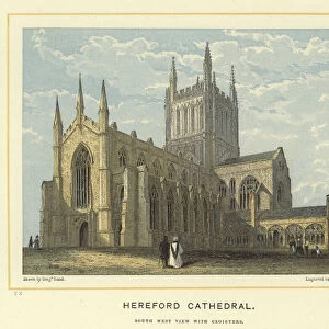 Hereford Cathedral, south west view with cloisters (colour litho)