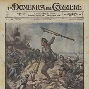 The heroic end of the mutilated Enrico Toti, wounded for the third time, rises and throws his... (colour litho)